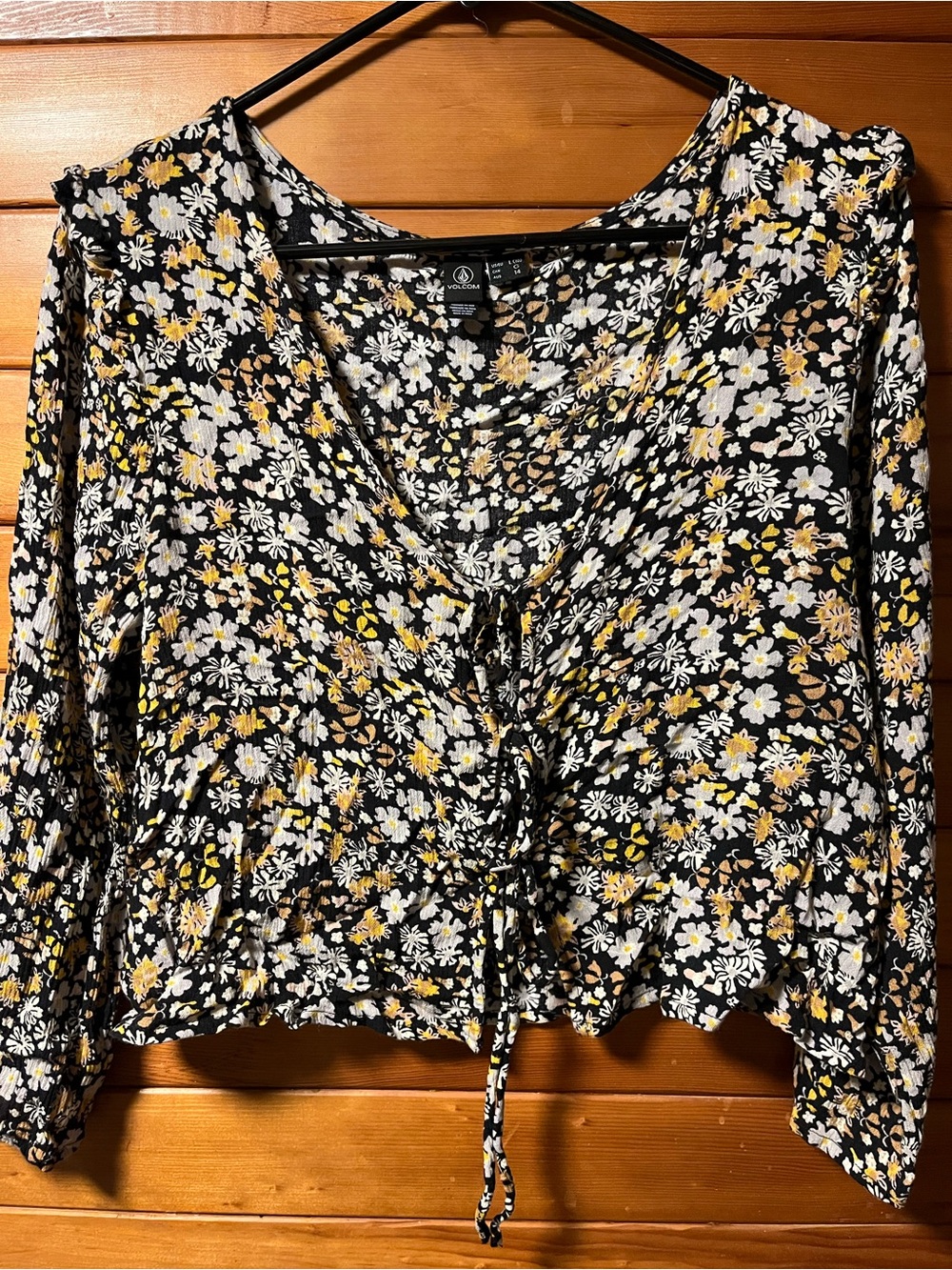 Volcom Black Floral Drawstring V-Neck Blouse